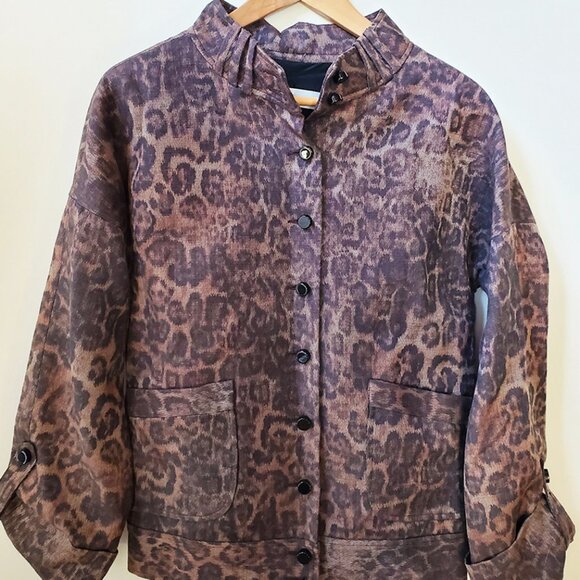 Alexander Wang Brown Leopard Print Wool Chore Jacket with Mandarin Collar S 4 6 - Picture 1 of 6